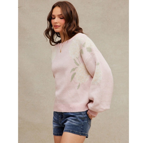 Roses Print Pink Knit Round Neck Long Sleeve Pullover Sweater Stretchy - Picture 4 of 7